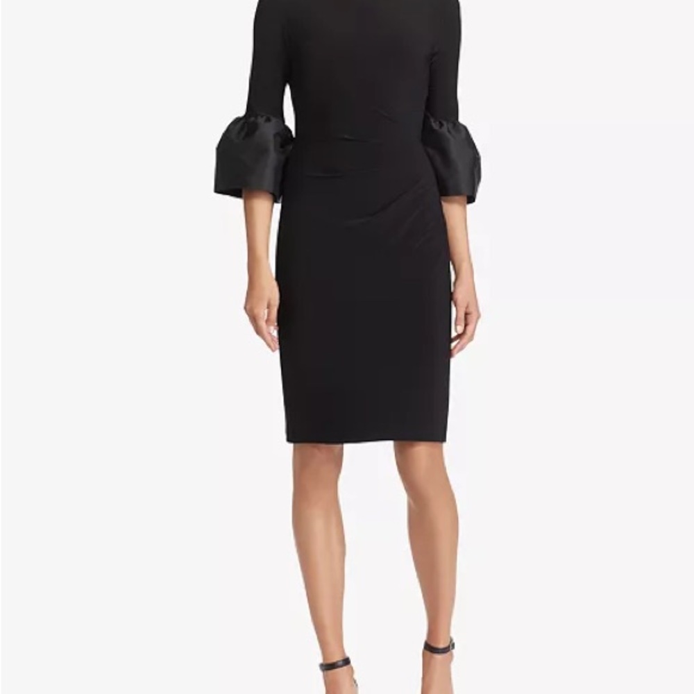 Lauren Ralph Lauren Elegant Black Taffeta-Jersey Dress with Puff Sleeves-size 2